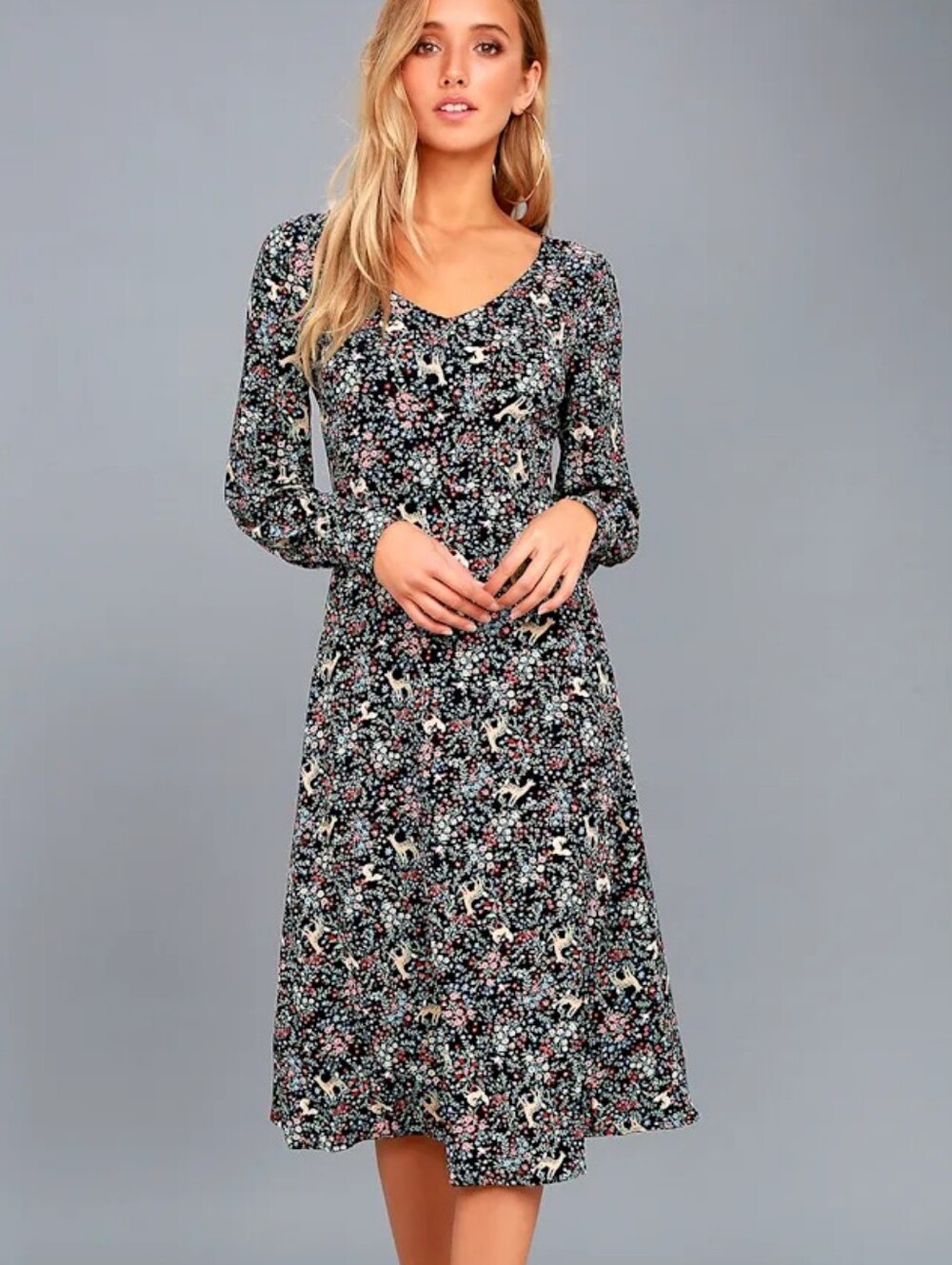 Lulus Woodland Wonderland Navy Blue Long Sleeve Midi Dress - Size Small